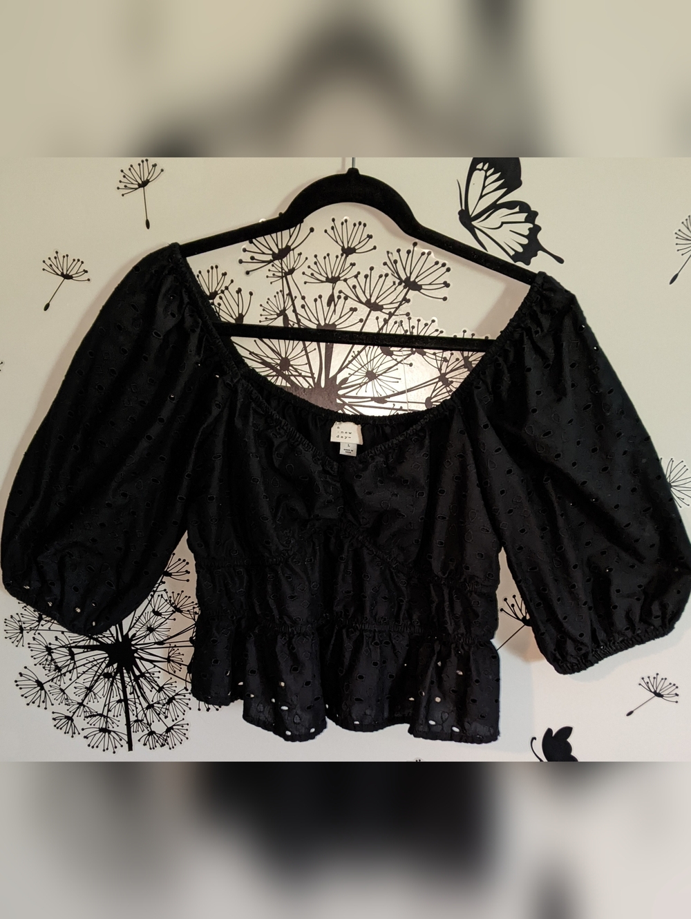 Black Eyelet Puff-Sleeve Peplum Blouse